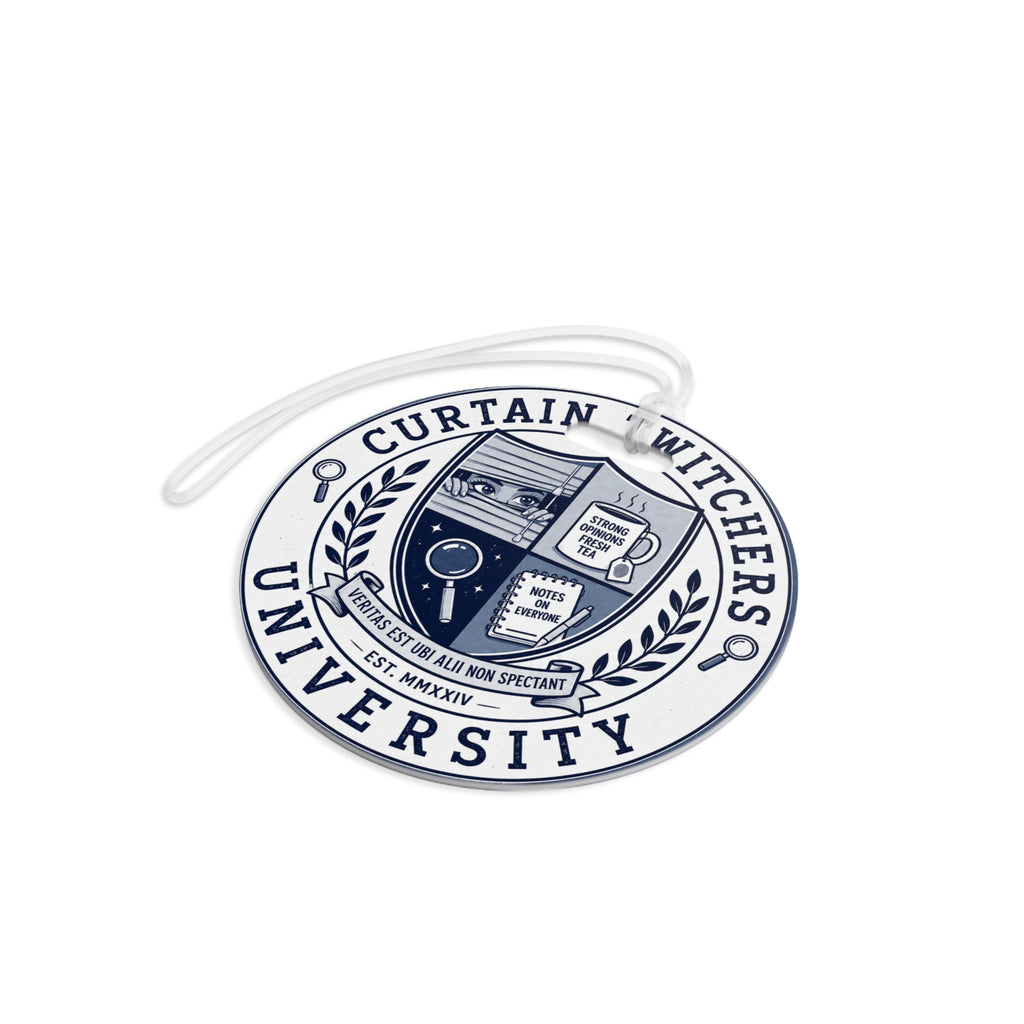 Round CTU Luggage Tag — 'Curtain Witchers University' Crest Travel ID Tag (Name, Phone, Email Fields)