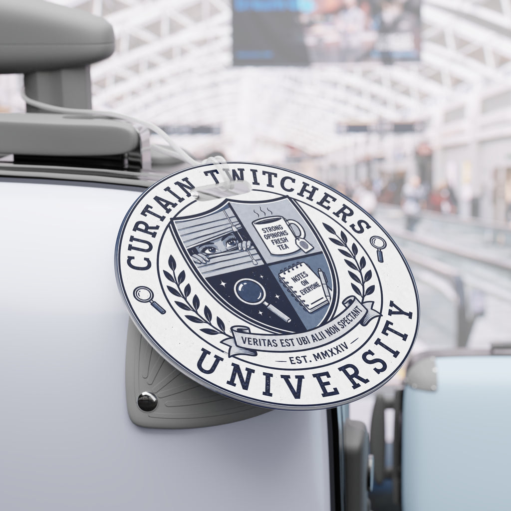 Round CTU Luggage Tag — 'Curtain Witchers University' Crest Travel ID Tag (Name, Phone, Email Fields)