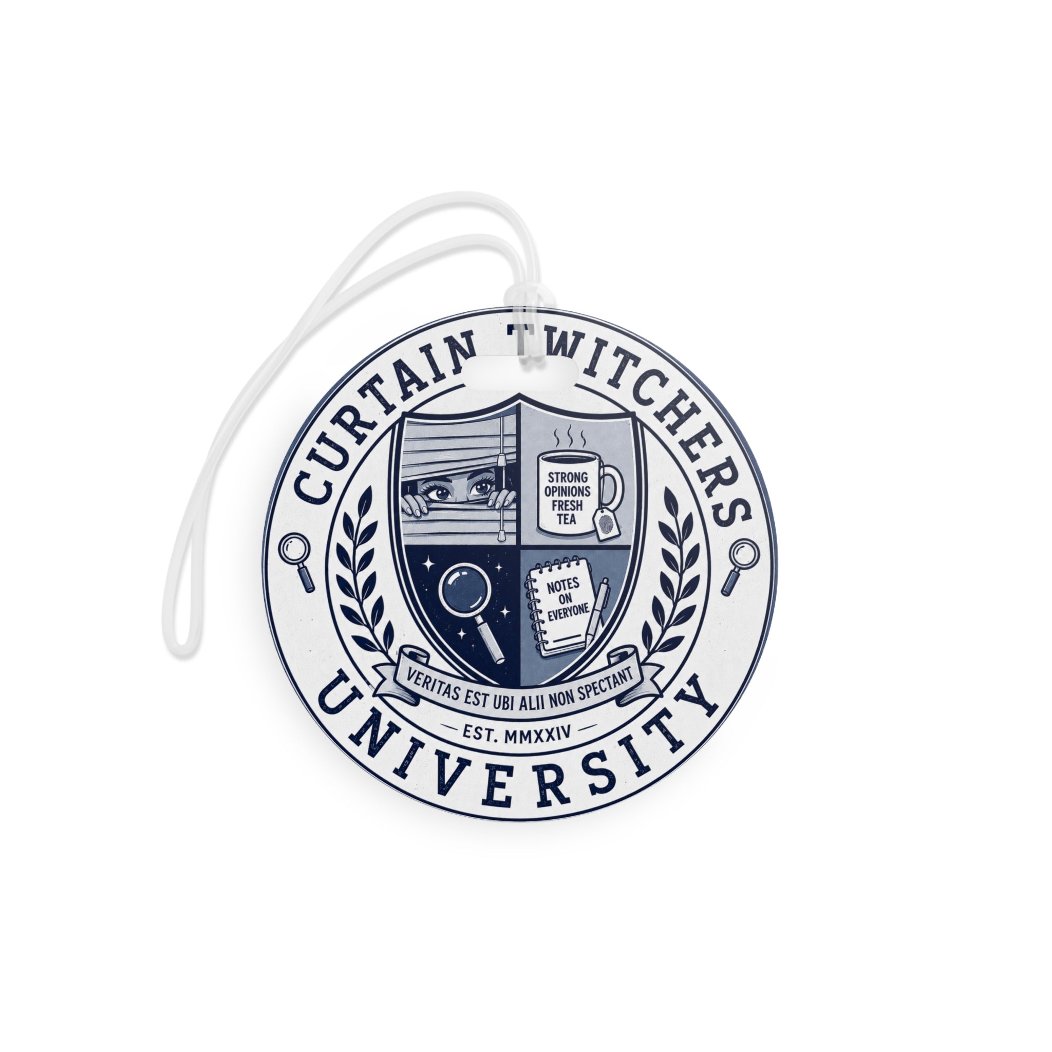 Round CTU Luggage Tag — 'Curtain Witchers University' Crest Travel ID Tag (Name, Phone, Email Fields)